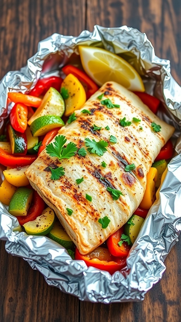 Grilled tilapia foil packet with bell peppers and zucchini, garnished with parsley and lemon wedges.